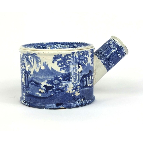 532 - 19th century blue and white pottery Spitoon of spouted cylindrical form, transfer printed with a con... 