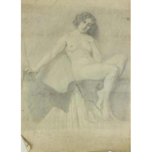 1060 - Unframed pencil sketch onto paper, seated nude female, 53cm x 39cm