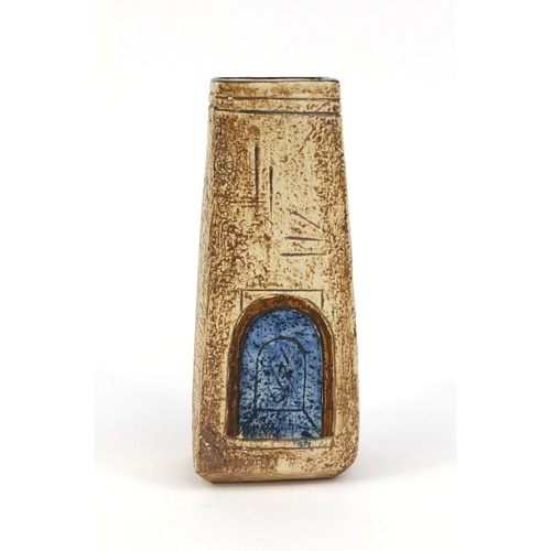 610 - Troika pottery vase of tapering form, incised and hand painted with a geometric design, factory mark... 