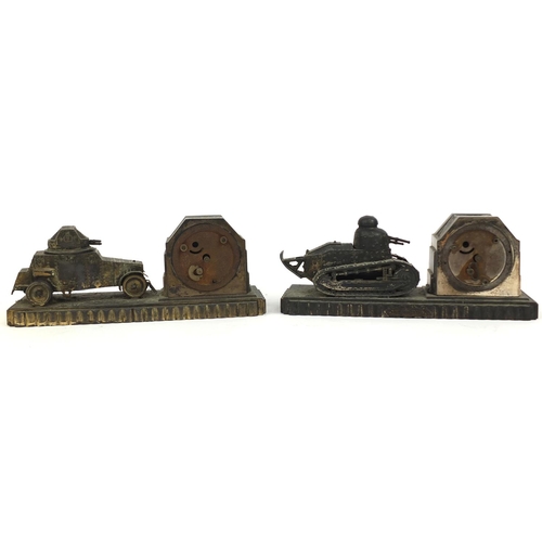 293 - Two Military interest French Art Deco desk clocks, one mounted with an armoured car the other with a... 