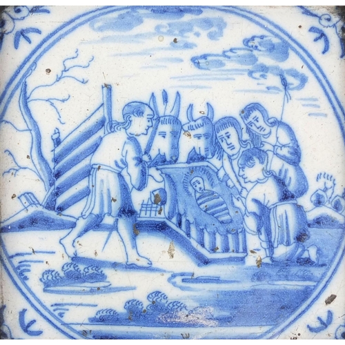 563 - Pair of 18th century Delft blue and white tin glazed tiles, each hand painted with figures one of a ... 