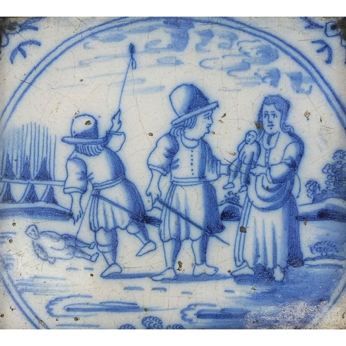 563 - Pair of 18th century Delft blue and white tin glazed tiles, each hand painted with figures one of a ... 