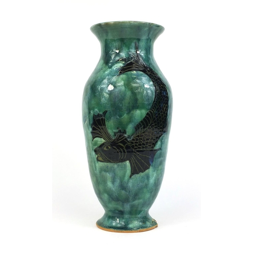 611 - Brannam art pottery vase possibly made for Liberty & Co, hand painted and incised with stylised fish... 