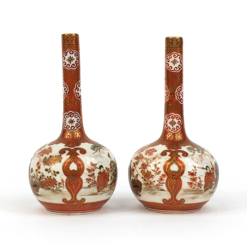 427 - Pair of Japanese Kutani porcelain bottle vases, hand painted with figures in an exterior amongst flo... 