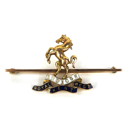 284 - Military interest 9ct gold and enamelled Royal Kent West Regiment brooch, approximately 5cm wide, ap... 