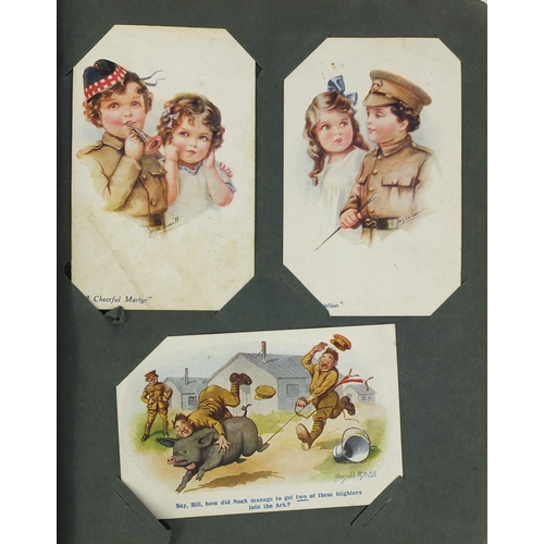 195 - Postcard album containing mostly Military interest postcards, some comical including one of the capt... 