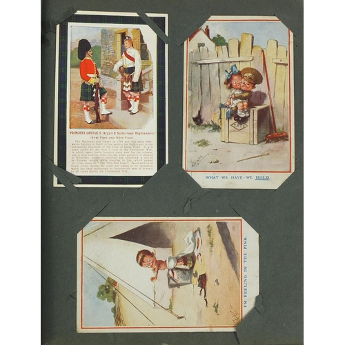 195 - Postcard album containing mostly Military interest postcards, some comical including one of the capt... 