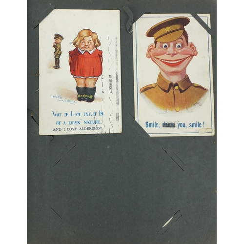 195 - Postcard album containing mostly Military interest postcards, some comical including one of the capt... 