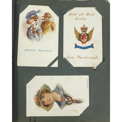 195 - Postcard album containing mostly Military interest postcards, some comical including one of the capt... 