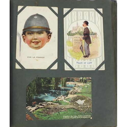 195 - Postcard album containing mostly Military interest postcards, some comical including one of the capt... 