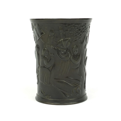 640 - Just Anderson of Denmark bronze vase, decorated in low relief with a continuous band of knights some... 