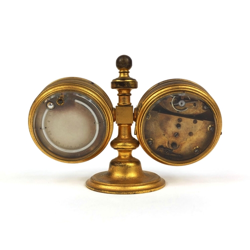 745 - French gilt bronze desk clock and aneroid barometer with enamelled dials, impressed factory marks an... 