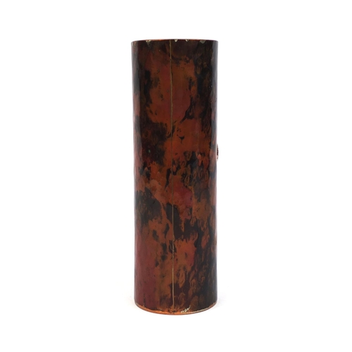 639 - Unmarked Sam Fanaroff cylindrical copper vase, with embossed and floral decoration, 24cm high