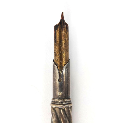 80 - S Mordan & Co unmarked silver tapering dib pen with impressed marks and registered Number, 20cm long