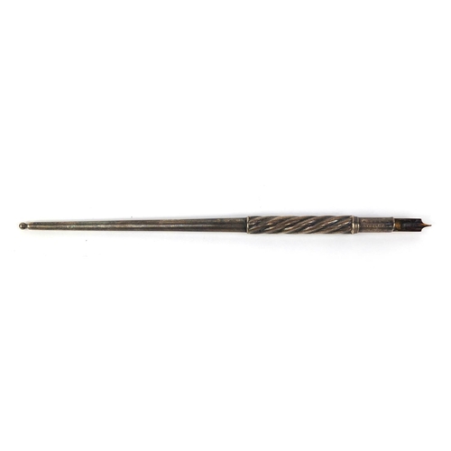 80 - S Mordan & Co unmarked silver tapering dib pen with impressed marks and registered Number, 20cm long