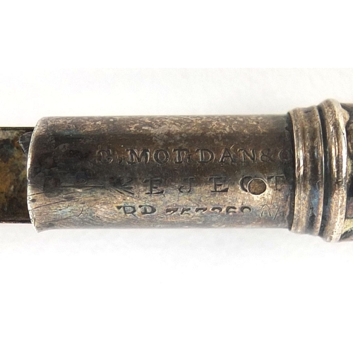 80 - S Mordan & Co unmarked silver tapering dib pen with impressed marks and registered Number, 20cm long