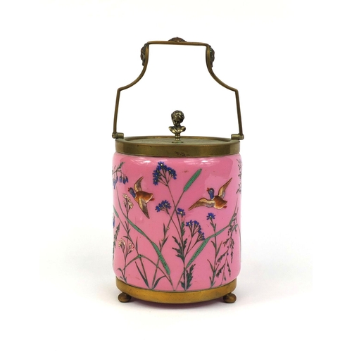 574 - Victorian pink opaline glass barrel with brass mounts, hand painted with birds amongst reeds, 17cm h... 