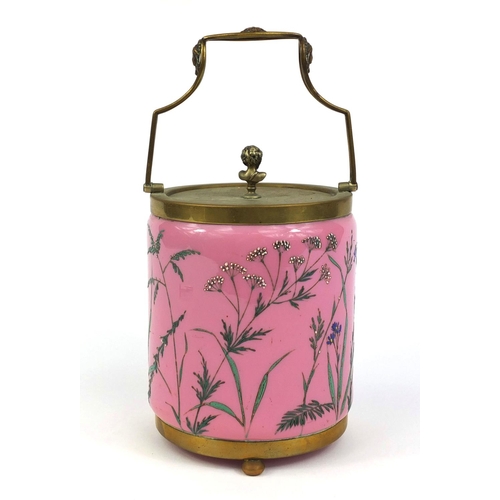 574 - Victorian pink opaline glass barrel with brass mounts, hand painted with birds amongst reeds, 17cm h... 