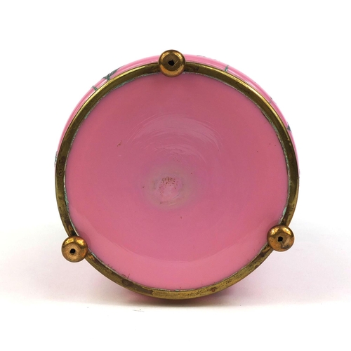 574 - Victorian pink opaline glass barrel with brass mounts, hand painted with birds amongst reeds, 17cm h... 