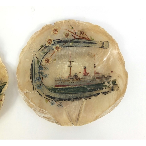 294 - Pair of Maritime interest Mother of Pearl shells, each hand painted with a Battleship, the largest 1... 