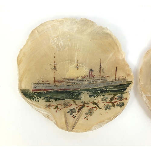 294 - Pair of Maritime interest Mother of Pearl shells, each hand painted with a Battleship, the largest 1... 