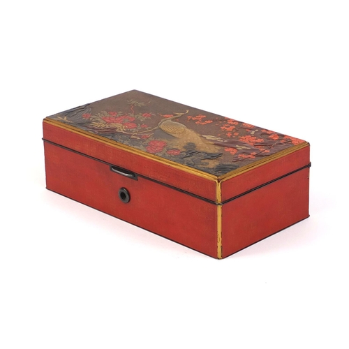 443 - Good quality Japanese lacquer and silver mounted jewellery box with fitted velvet lined interior, th... 