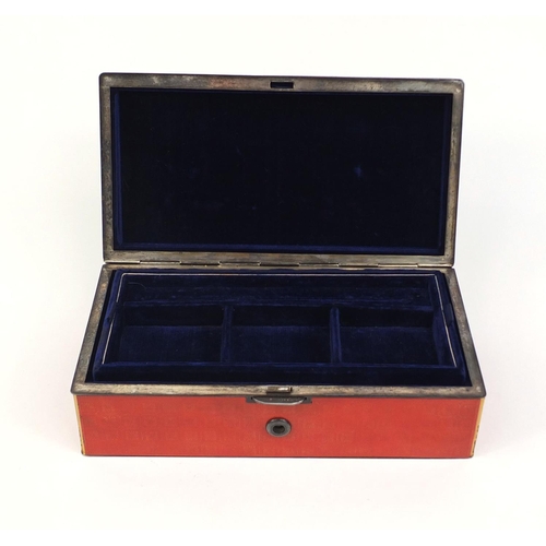 443 - Good quality Japanese lacquer and silver mounted jewellery box with fitted velvet lined interior, th... 