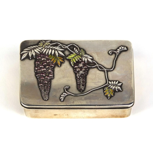 445 - Japanese Bisansha silver and enamelled box, the hinged lid cast in low relief with flowers stamp mar... 