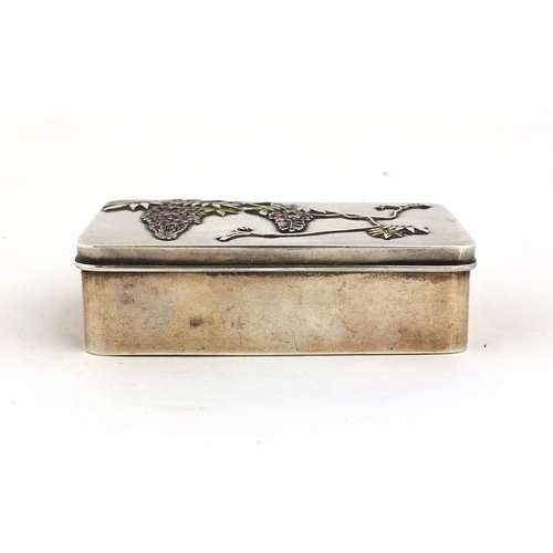 445 - Japanese Bisansha silver and enamelled box, the hinged lid cast in low relief with flowers stamp mar... 