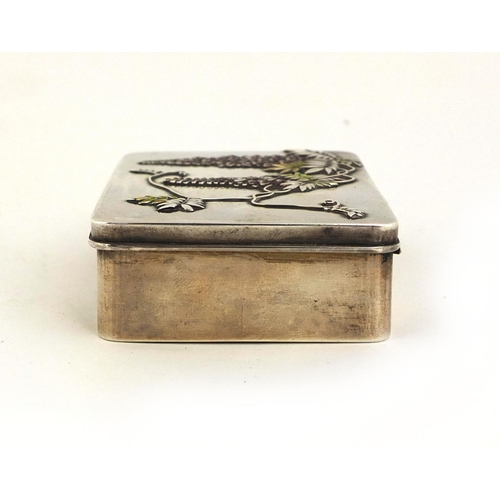 445 - Japanese Bisansha silver and enamelled box, the hinged lid cast in low relief with flowers stamp mar... 