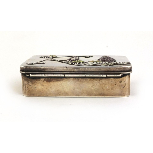 445 - Japanese Bisansha silver and enamelled box, the hinged lid cast in low relief with flowers stamp mar... 