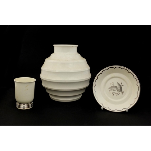 601 - Group of Keith Murray for Wedgwood pottery, comprising a cream football vase, cocktail glass and sau... 