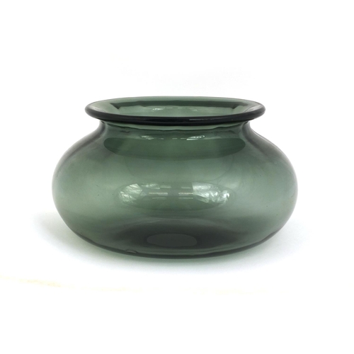 599A - Keith Murray for Stevens and Williams bottle green glass vase, etched factory marks to the base, 12c... 