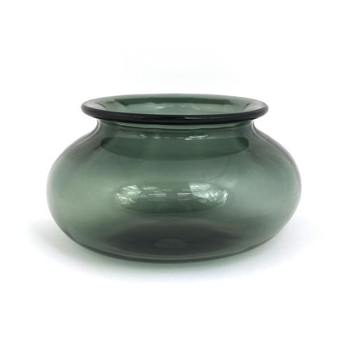 599A - Keith Murray for Stevens and Williams bottle green glass vase, etched factory marks to the base, 12c... 