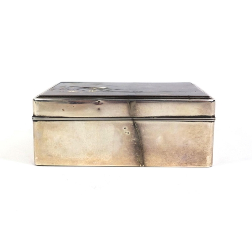 444 - Japanese silver and hardwood box, the lift off lid decorated with a bird on a branch and presentatio... 