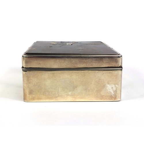 444 - Japanese silver and hardwood box, the lift off lid decorated with a bird on a branch and presentatio... 