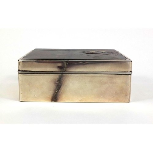 444 - Japanese silver and hardwood box, the lift off lid decorated with a bird on a branch and presentatio... 