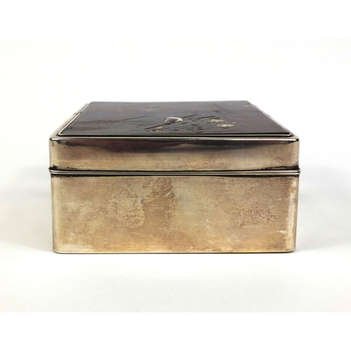 444 - Japanese silver and hardwood box, the lift off lid decorated with a bird on a branch and presentatio... 