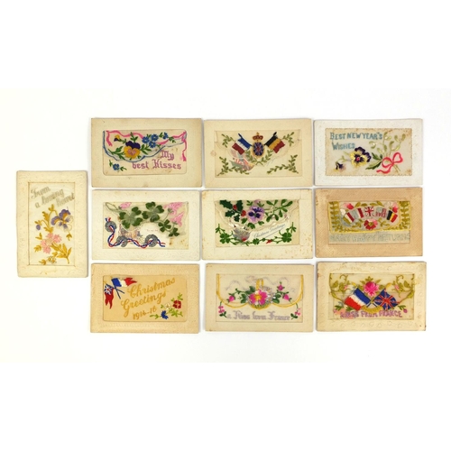 204 - Group of ten Military interest silk embroidered sweetheart postcards including Happy Returns and Bes... 