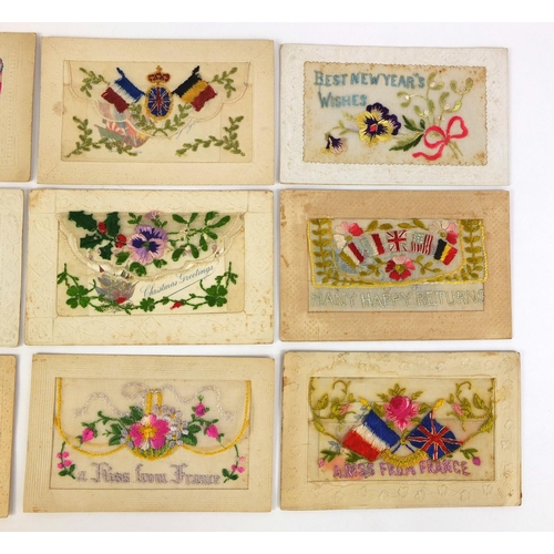 204 - Group of ten Military interest silk embroidered sweetheart postcards including Happy Returns and Bes... 