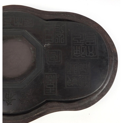 475 - Chinese ink stone seal block housed in hardwood case with lift off lid, the block and box decorated ... 