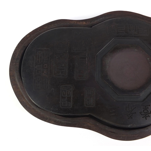 475 - Chinese ink stone seal block housed in hardwood case with lift off lid, the block and box decorated ... 