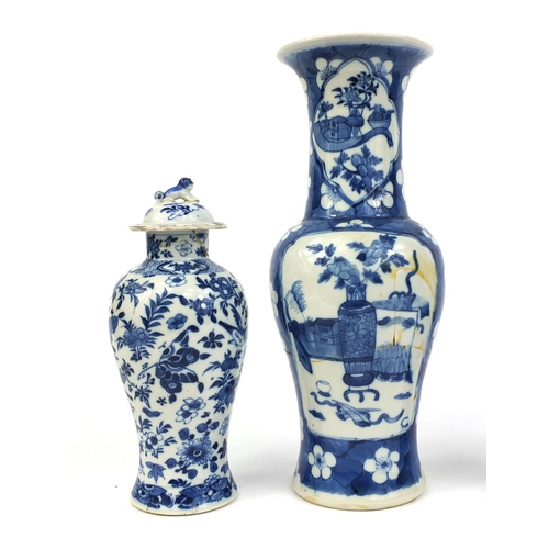 407 - Group of four Chinese blue and white porcelain vases, comprising a baluster example, hand painted wi... 