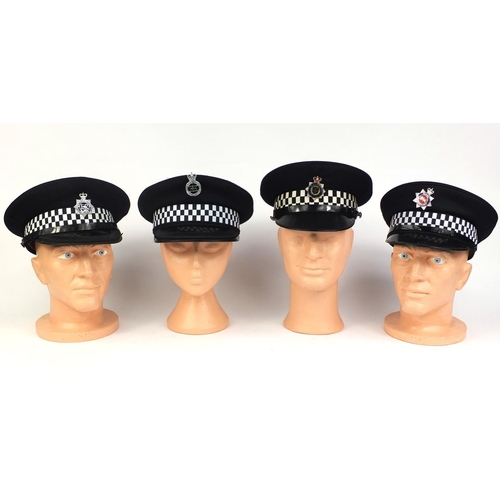 345 - Group of four vintage police Peak Caps, comprising Sussex Police, Surrey Constabulary, Rotherham Spe... 