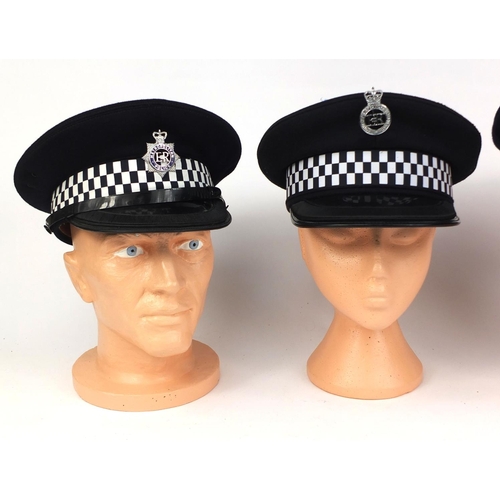 345 - Group of four vintage police Peak Caps, comprising Sussex Police, Surrey Constabulary, Rotherham Spe... 