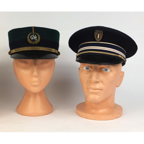344 - Group of three vintage police caps comprising a French harbour police peak cap, Portuguese National ... 