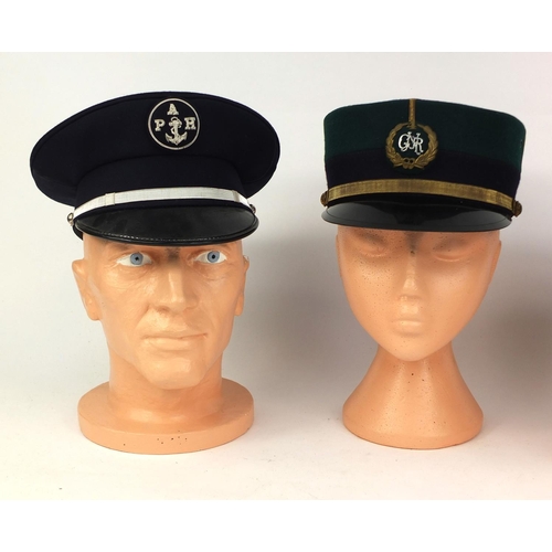 344 - Group of three vintage police caps comprising a French harbour police peak cap, Portuguese National ... 