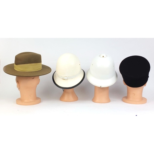 348 - Group of four helmets/caps including a Belgium Antwerp City summer ware hard hat and a Kepi with emb... 