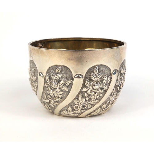 704 - Victorian silver sugar bowl with embossed floral decoration, indistinct makers mark London 1890, 6cm... 