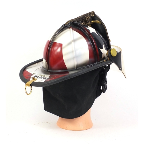 353 - American Paul Conway heritage leather fire helmet, hand painted with the stars and stripes design by... 
